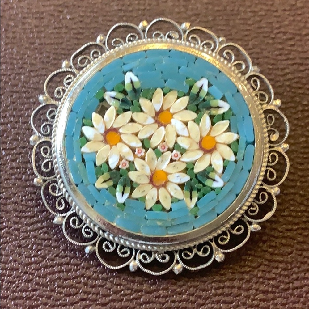 Vintage micro mosaic signed Italy brooch pin